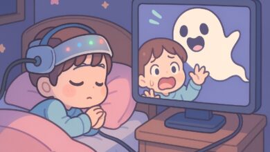 เด็กใส่ EEG กำลังนอน จอภาพแสดงผีในการฝัน – Dream2Image